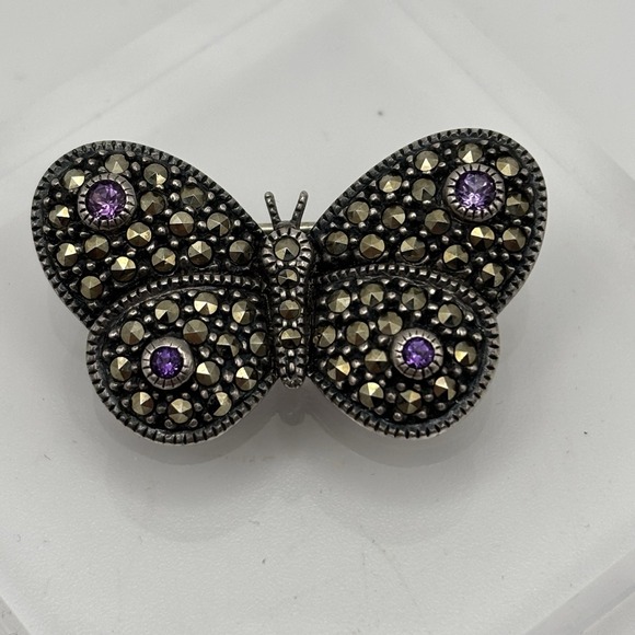 SPARKLING JUDITH JACK MARCASITE & AMETHYST BUTTERFLY PIN